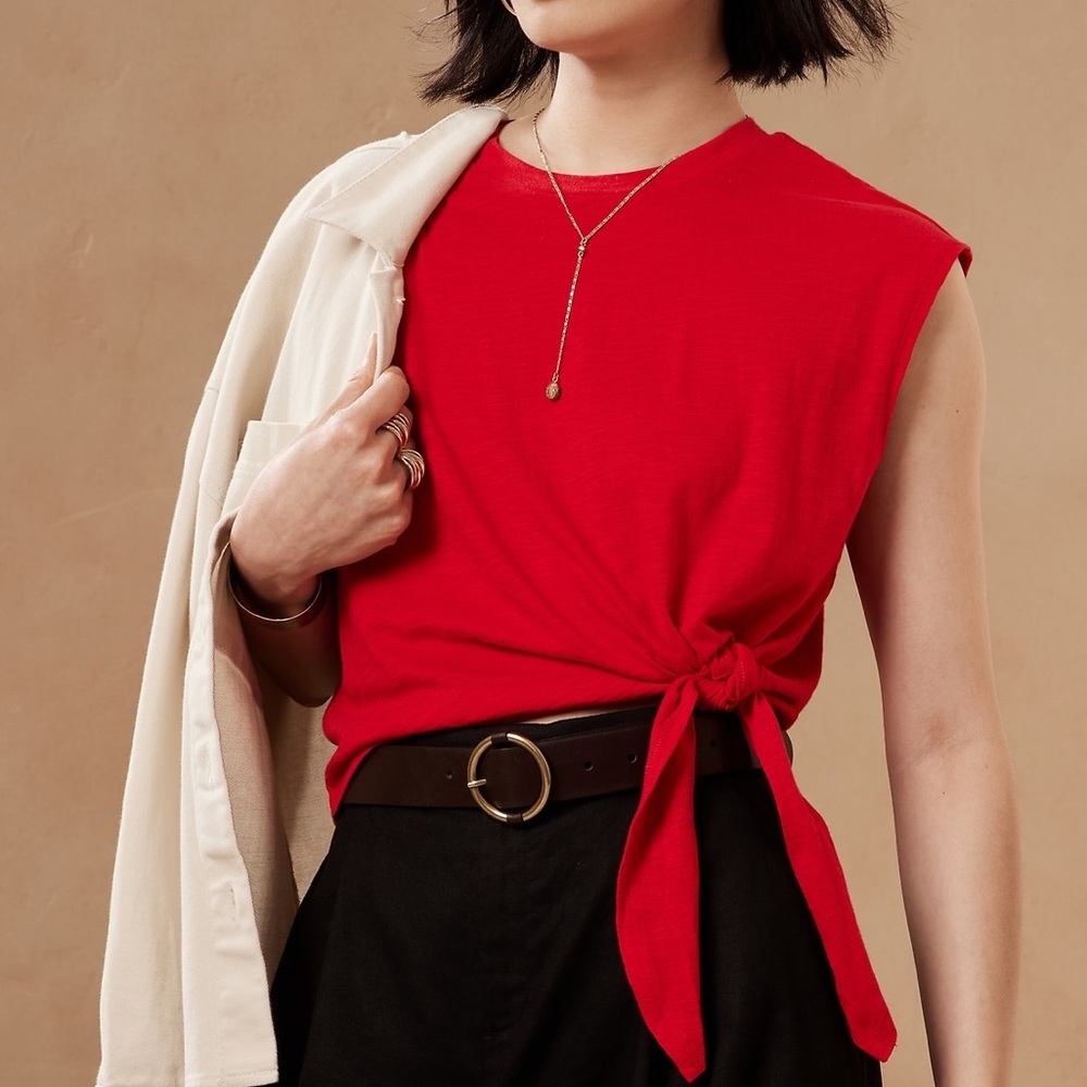 BANANA REPUBLIC Top Large Petite Cotton Slub Festive Red Tie Front